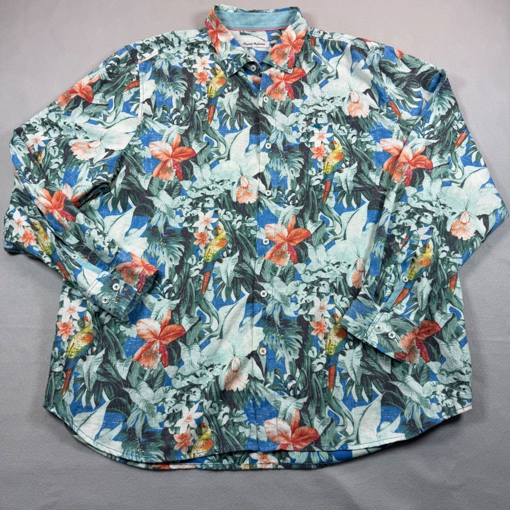 Tommy Bahama Mens XXL Parrot Floral Linen Blend Long Sleeve Button Down Shirt